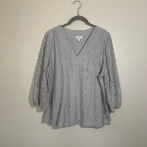 J. Jill Pure Jill Grey Eyelet Lace Boho Peasant Feminine Knit Top Blouse Medium